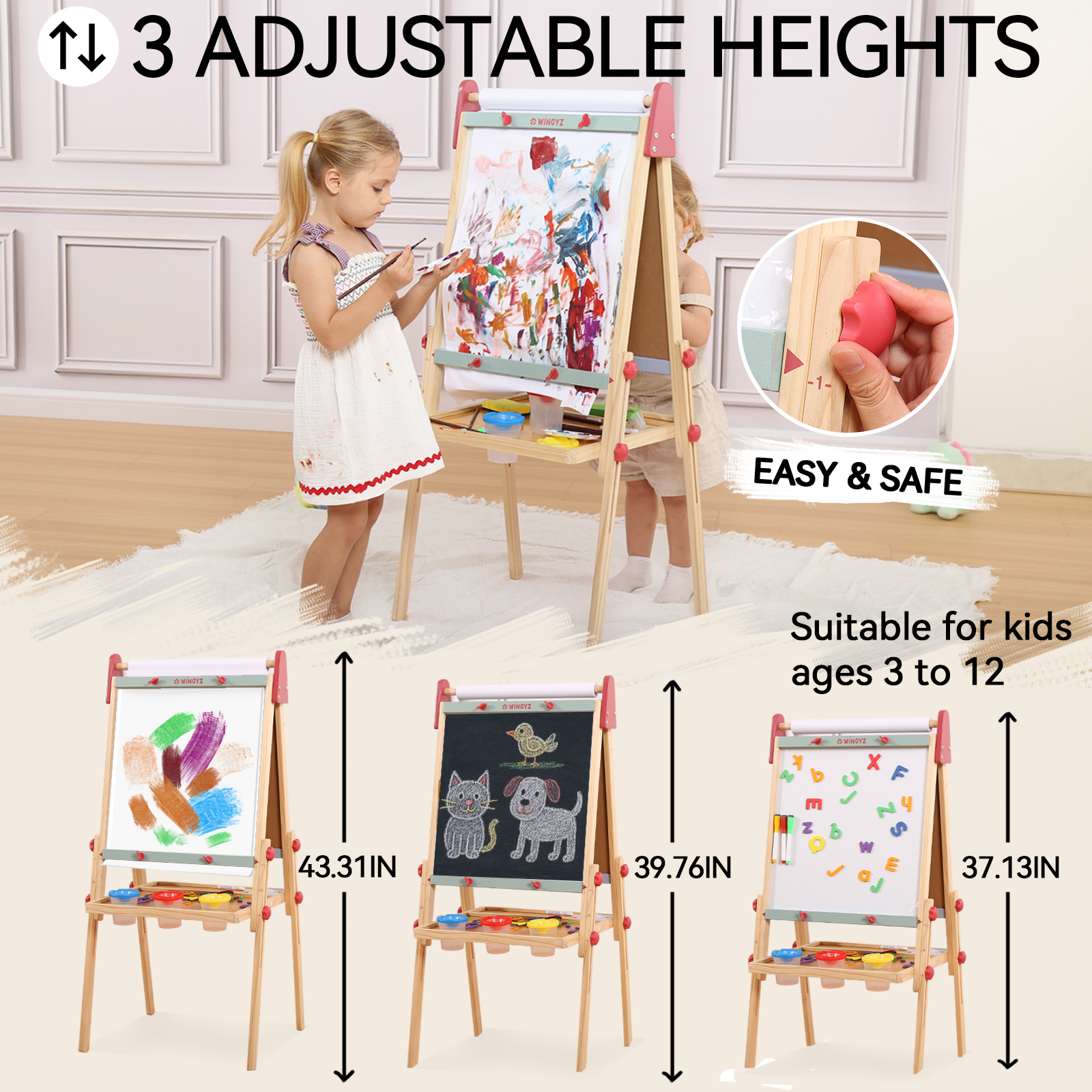 Sweet Time Kids Easel with Paper Roll, Adjustable Magnetic Whiteboard & Chalkboard Drawing Board, Wooden Children Art Stand for 3~12 Years