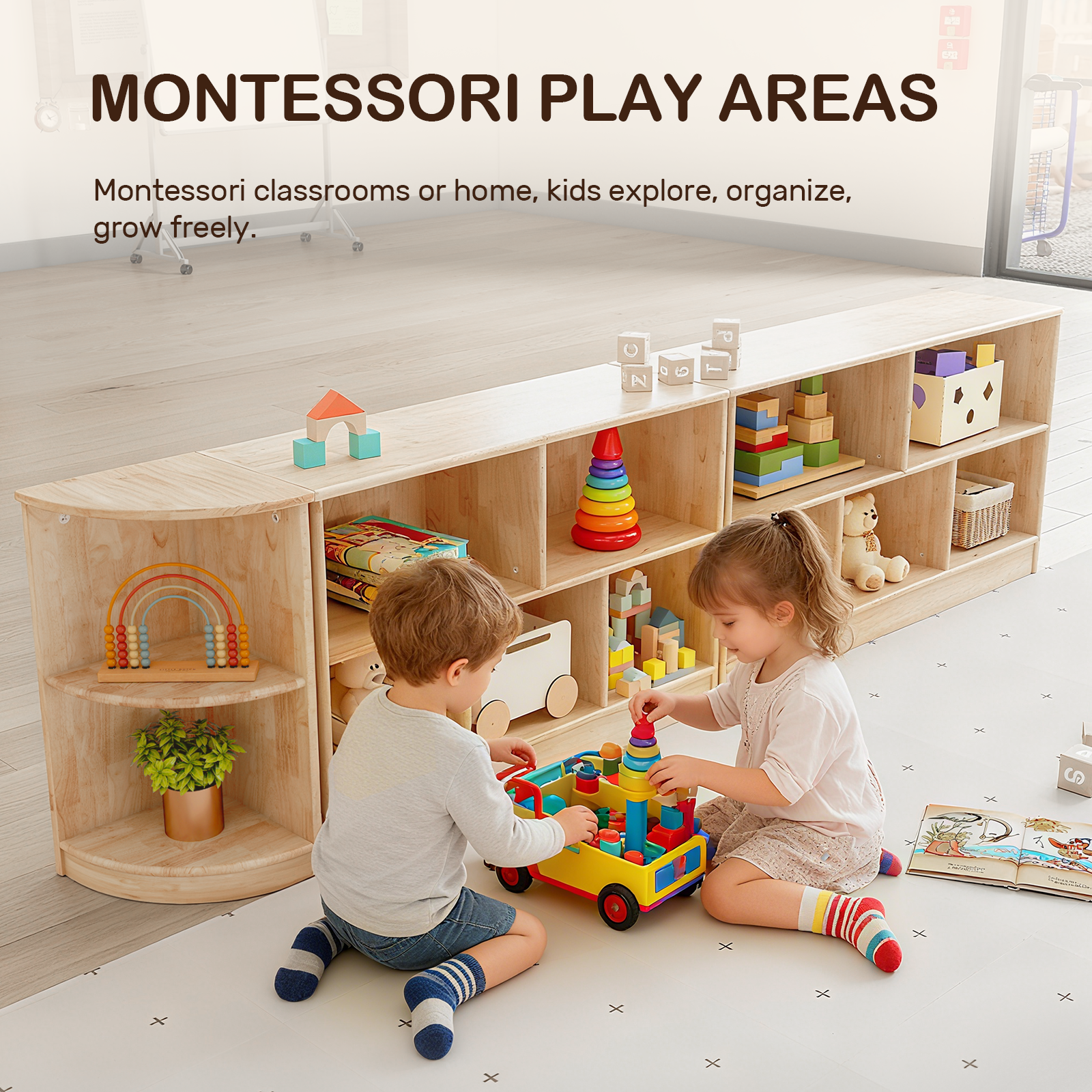 Sweet Time Rubber Wood Corner Cabinet, 2-Tier Toy Organizers and Storage, Triangular Montessori Shelf for Kids Room, Playroom, Nursery, Classroom, Kindergarten