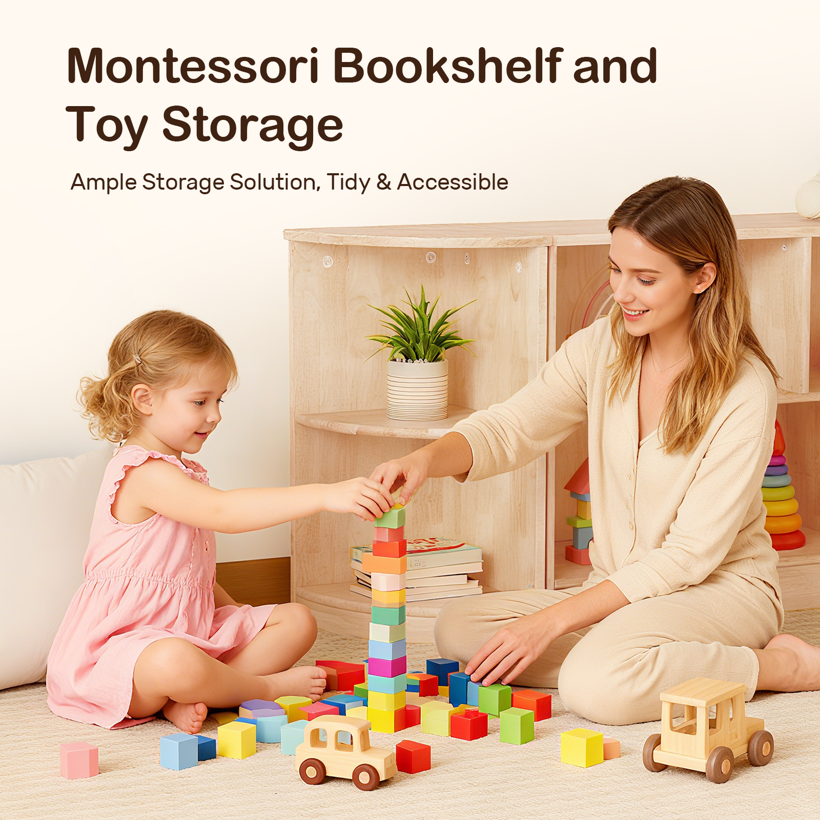 Sweet Time Rubber Wood Corner Cabinet, 2-Tier Toy Organizers and Storage, Triangular Montessori Shelf for Kids Room, Playroom, Nursery, Classroom, Kindergarten