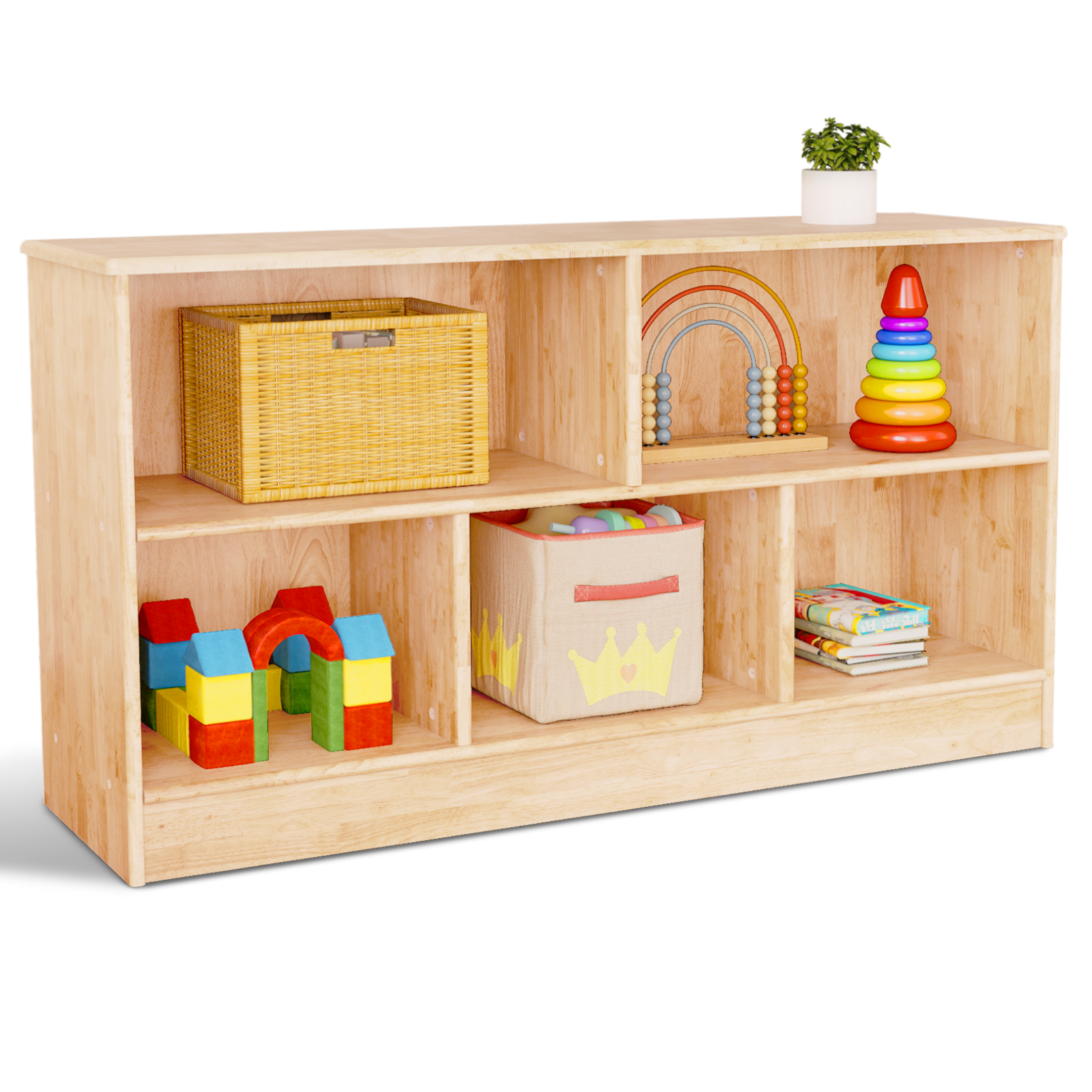 Kids Bookshelf and Toy Storage Rubber Wood 5 Cube Storage Organizer, 35.4" L Montessori Book Shelf For Kids Rooms Classroom Nursery Daycare