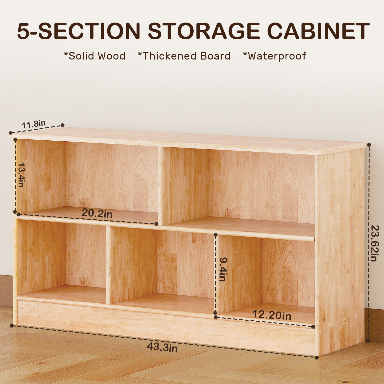 Kids Bookshelf and Toy Storage Rubber Wood 5 Cube Storage Organizer, 35.4" L Montessori Book Shelf For Kids Rooms Classroom Nursery Daycare