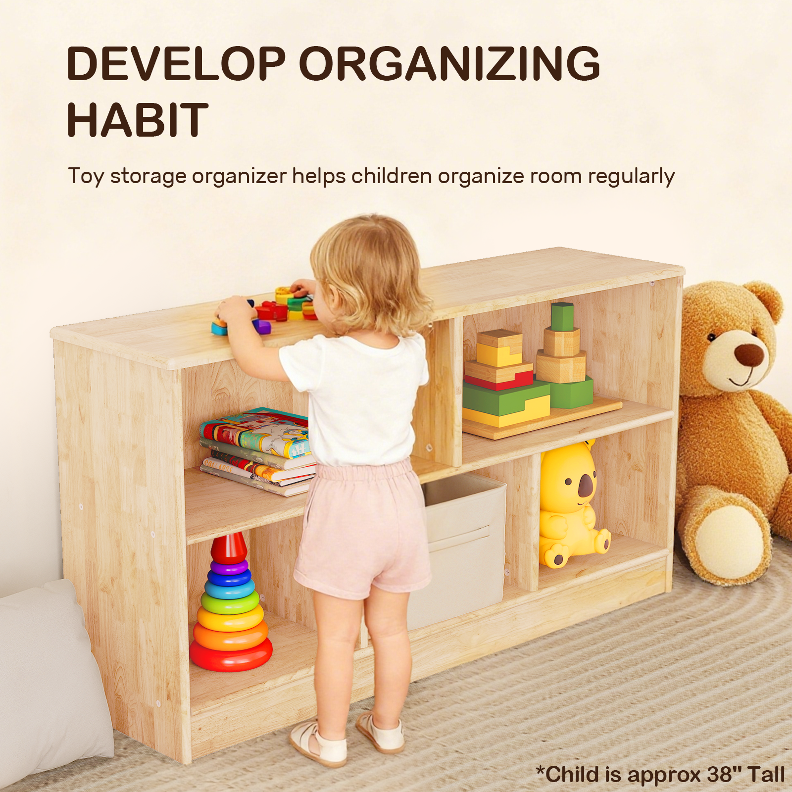 Kids Bookshelf and Toy Storage Rubber Wood 5 Cube Storage Organizer, 35.4" L Montessori Book Shelf For Kids Rooms Classroom Nursery Daycare