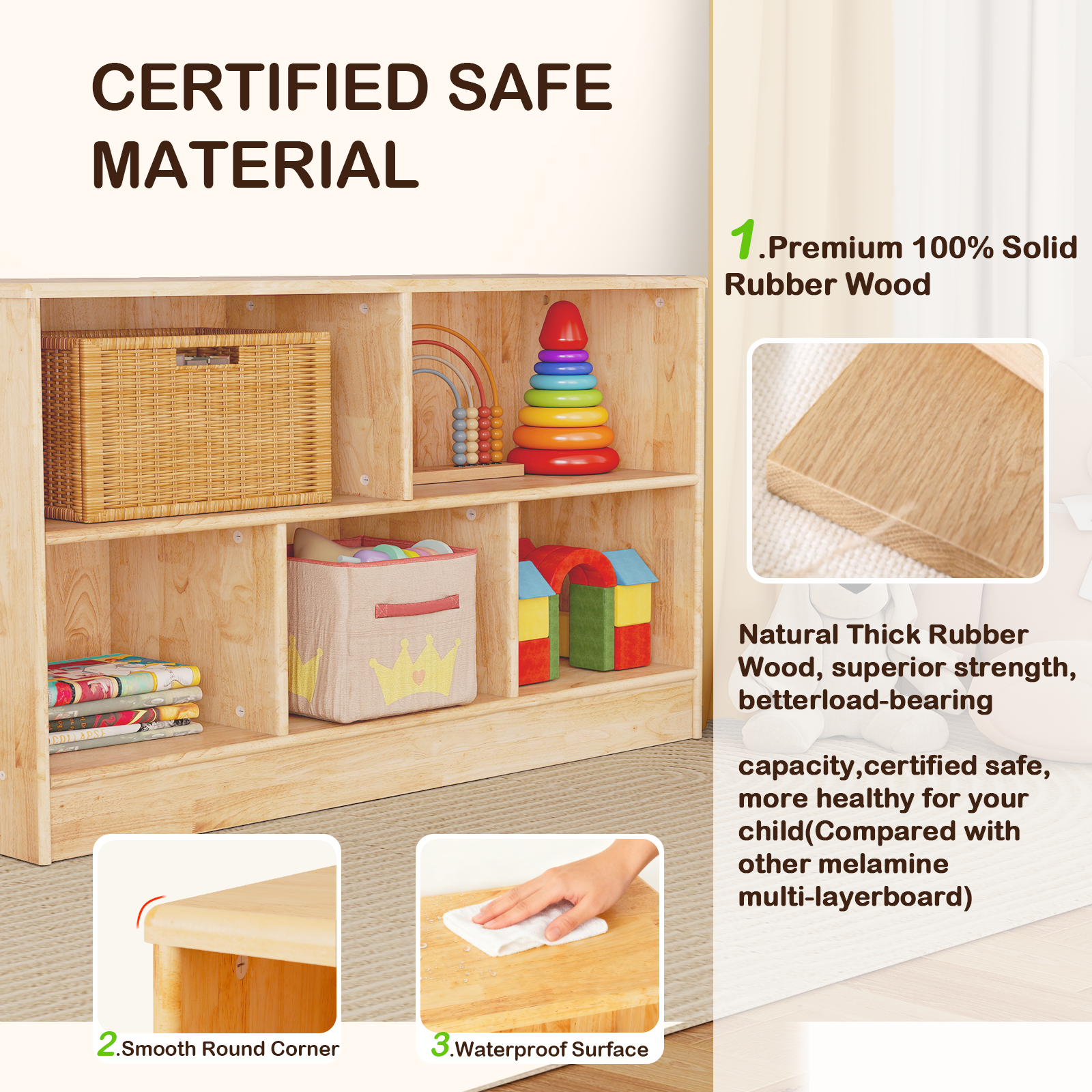 Kids Bookshelf and Toy Storage Rubber Wood 5 Cube Storage Organizer, 35.4" L Montessori Book Shelf For Kids Rooms Classroom Nursery Daycare