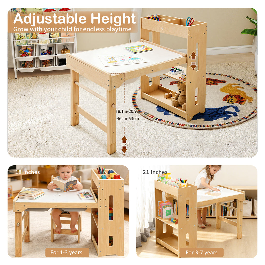 Toddler Sensory Table with Storage Shelves, Adjustable Height Kids Art Table with Chairs and Storage Bins, Wooden Activity Desk with Paper Roll Perfect for Children 1-6 Years