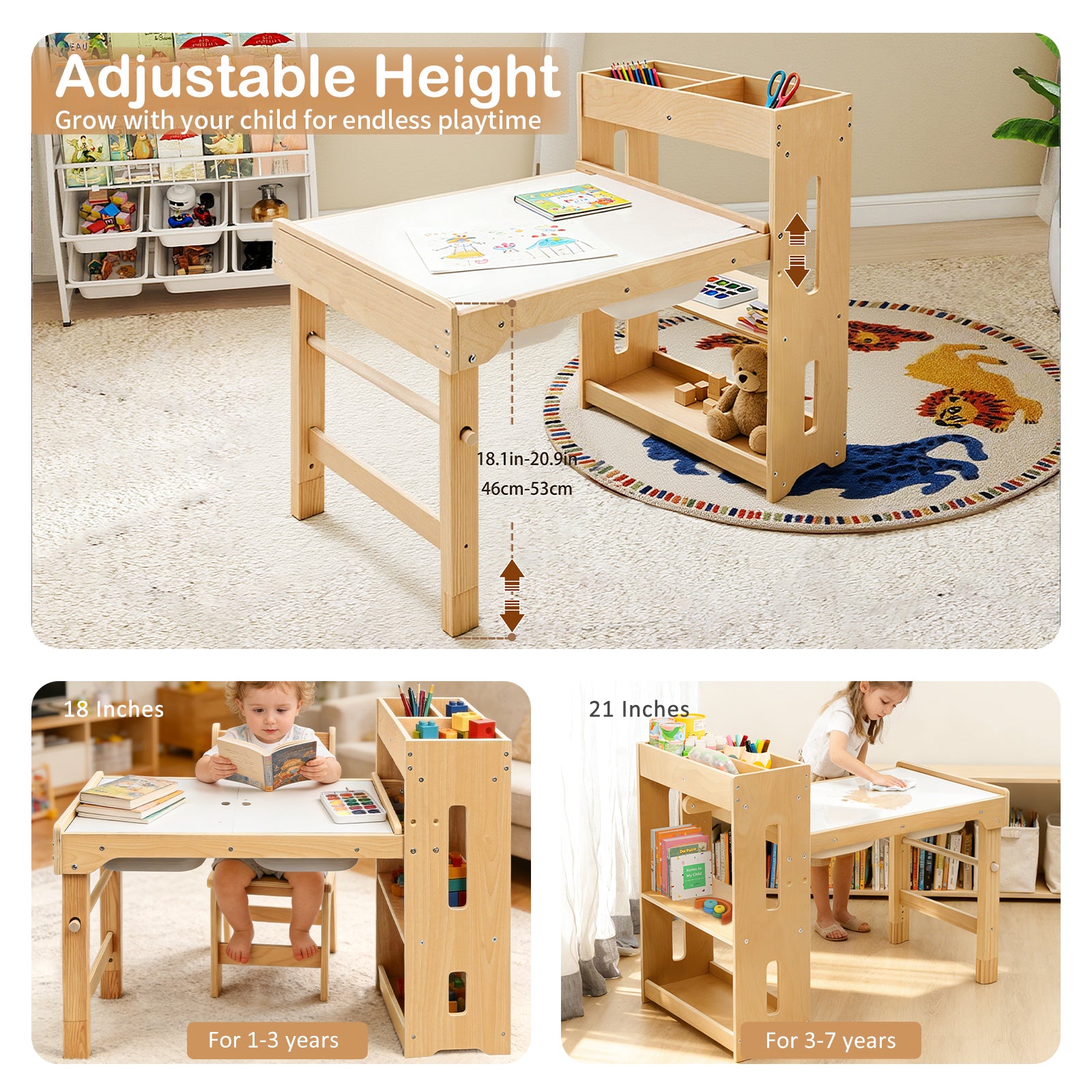 Toddler Sensory Table with Storage Shelves, Adjustable Height Kids Art Table with Chairs and Storage Bins, Wooden Activity Desk with Paper Roll Perfect for Children 1-6 Years