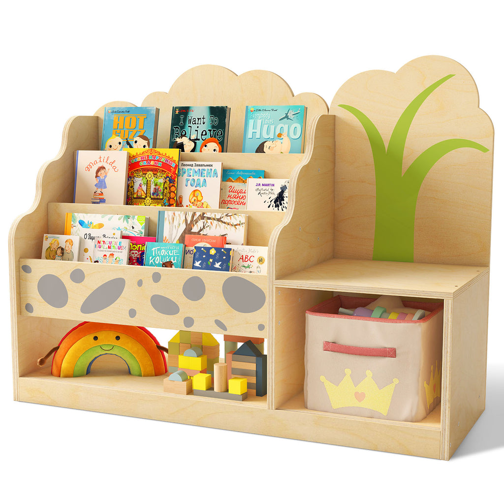 WINGYZ 4-in-1 Wooden 3-Tier Kids Bookshelf & Toy Storage with Reading Nook, Wide Cute Montessori Book Shelf for Kids Rooms Nursery Playroom Living Room Classroom Preschool Gift