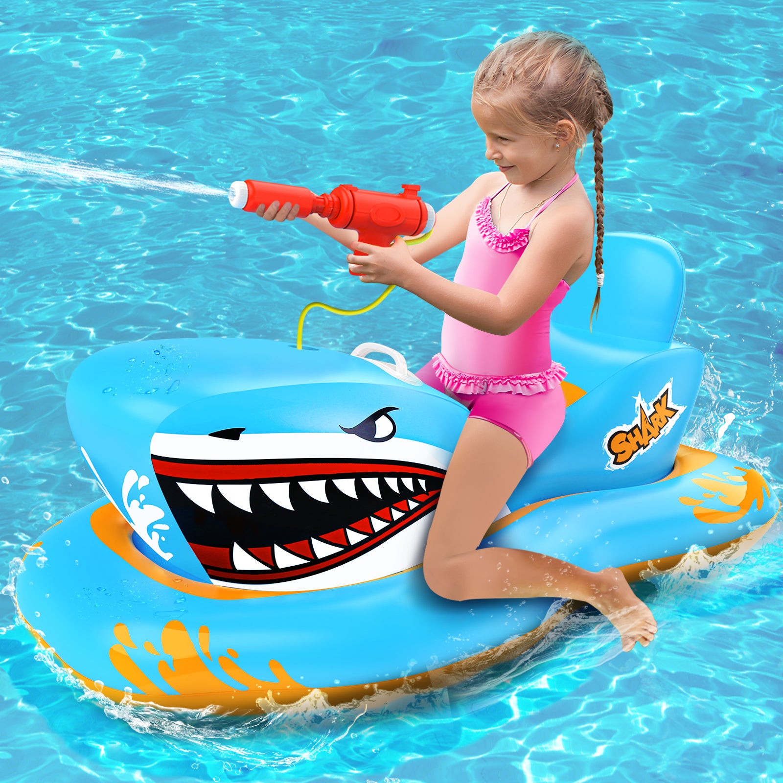 OATHX Pool Floats for Kids, Inflatables Shark Ride-on Water Toys with Watergun Swimming Game Boy Girl 3-12