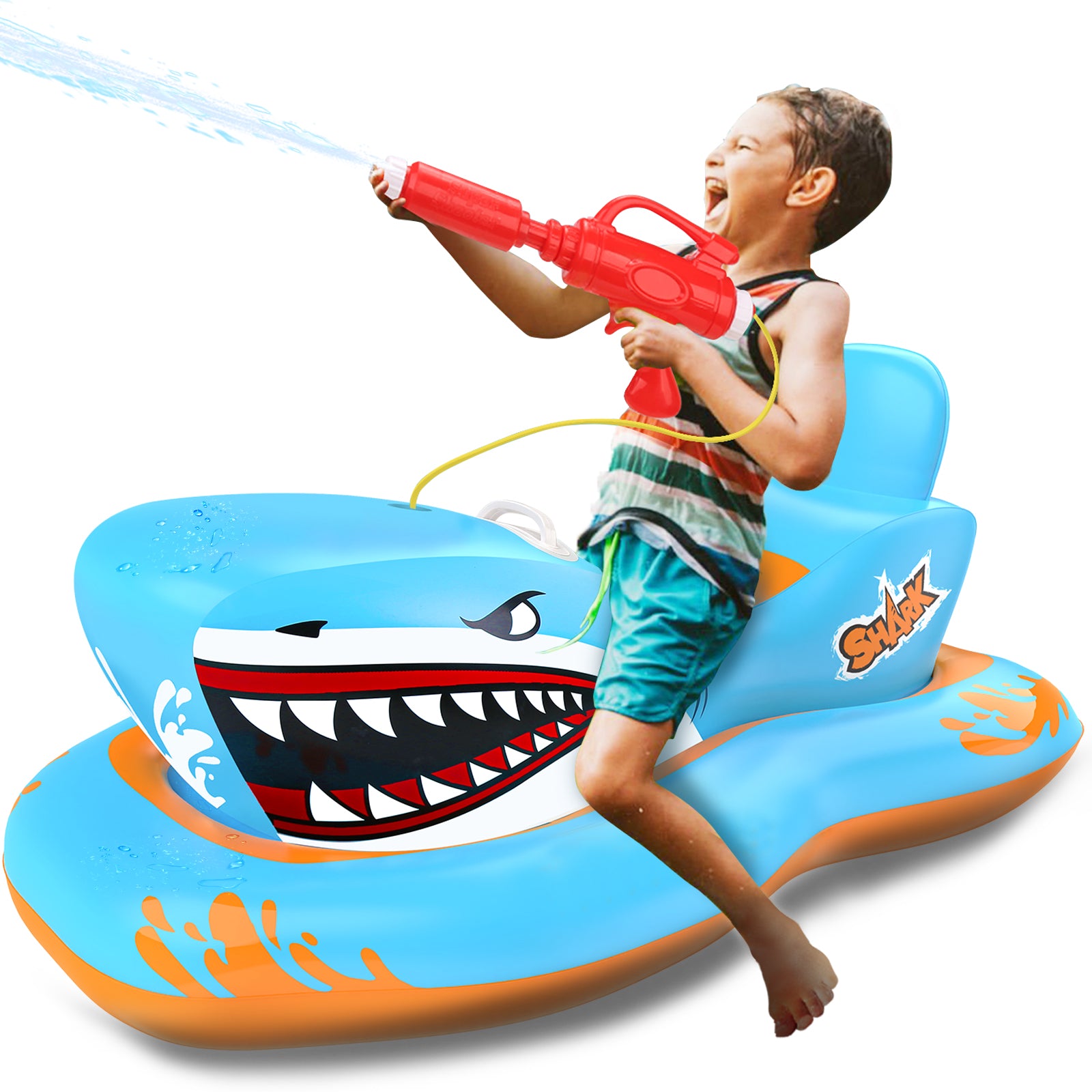 OATHX Pool Floats for Kids, Inflatables Shark Ride-on Water Toys with Watergun Swimming Game Boy Girl 3-12