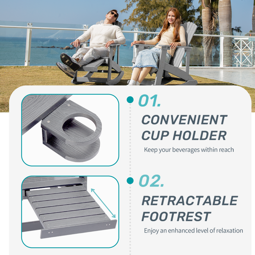 Wingyz Outdoor Rocking Chair with Ottoman and Cup Holders Patio Adirondack Chairs for Porch Garden