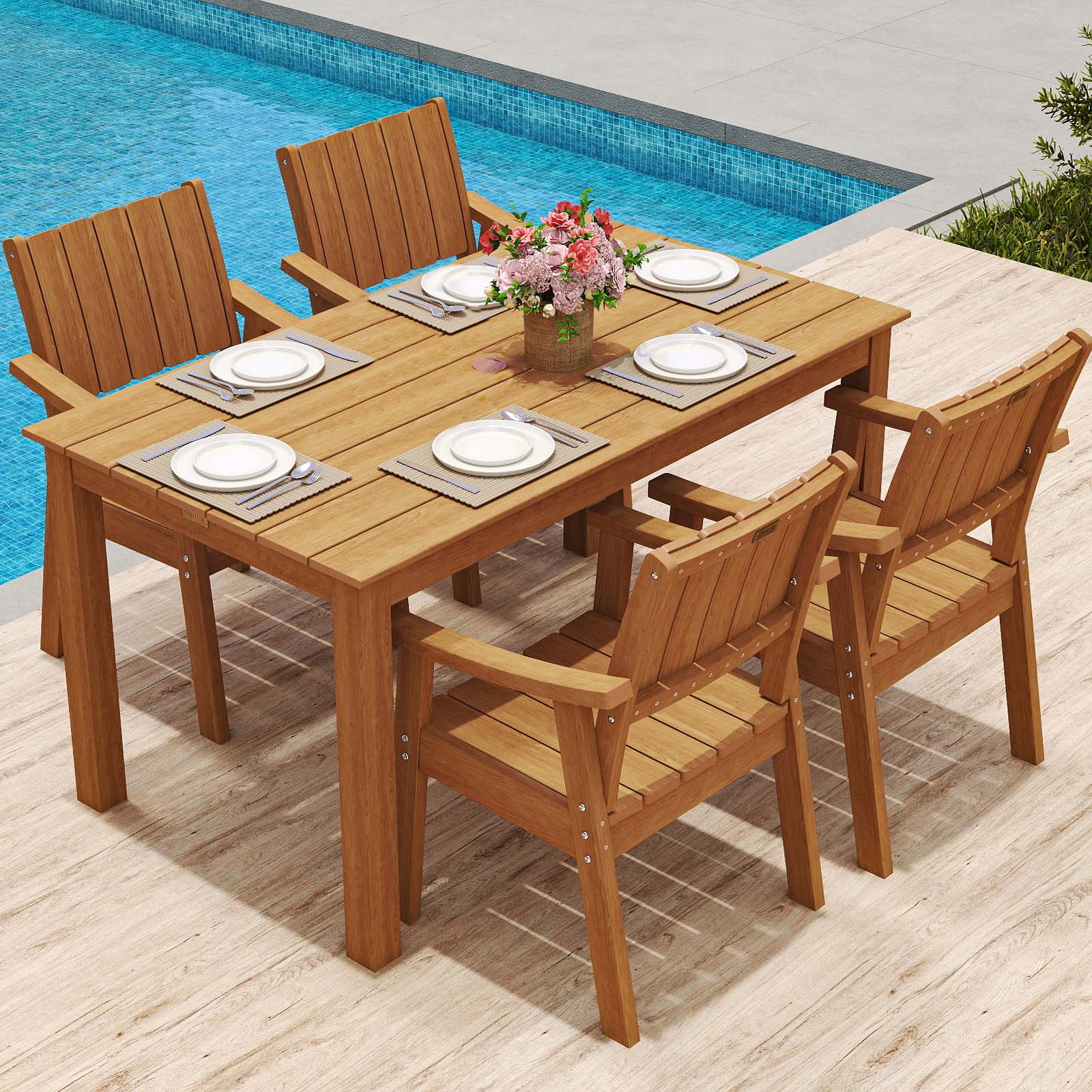 Wingyz Dining Table Set for 4 with Chairs,5 Piece Outdoor Furniture for Weather Patio Lawn Garden Backyard,Wood Color