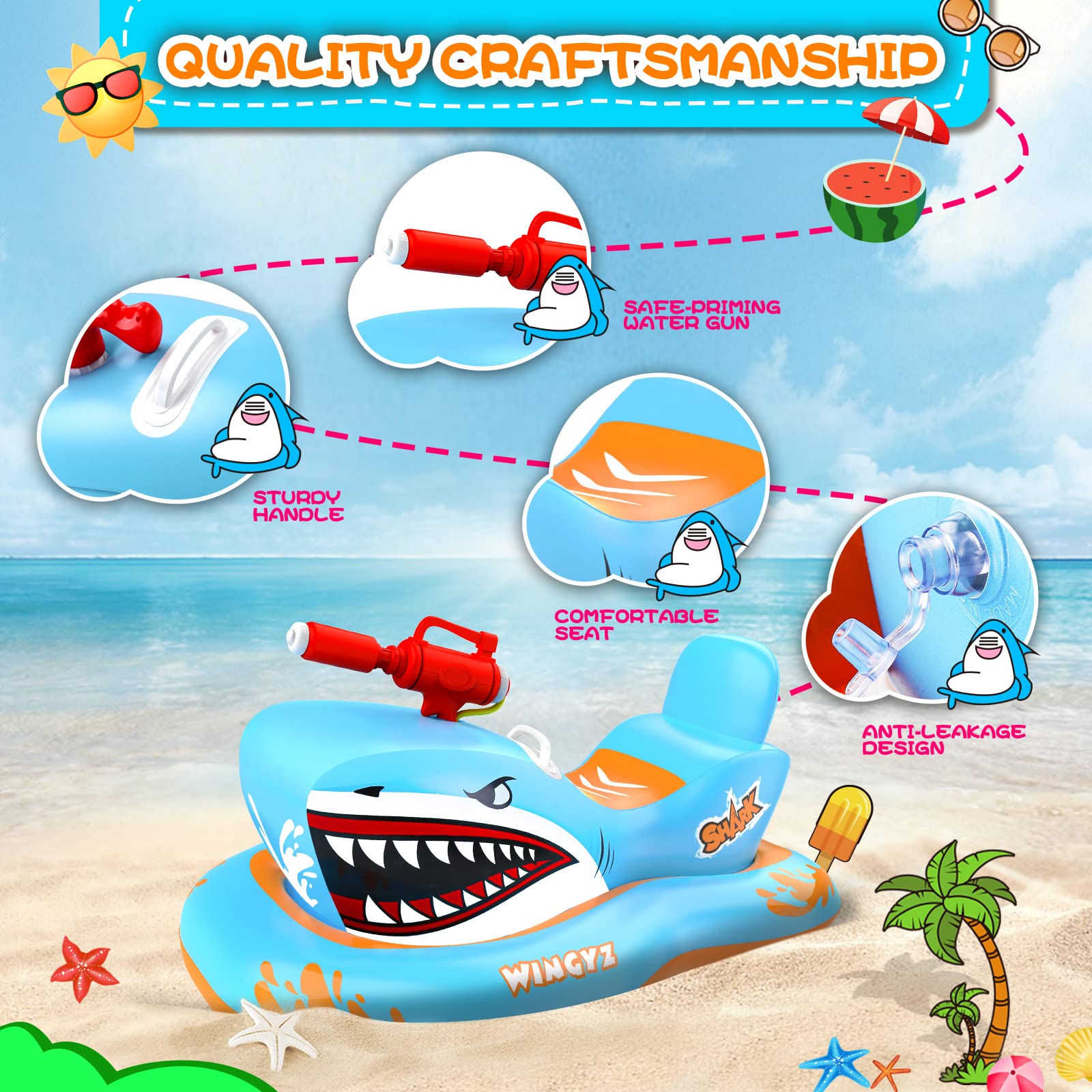 OATHX Pool Floats for Kids, Inflatables Shark Ride-on Water Toys with Watergun Swimming Game Boy Girl 3-12