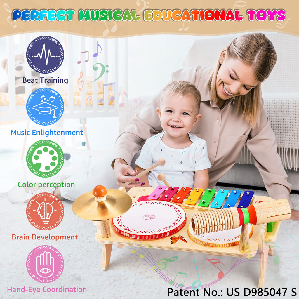 OATHX Kids Drum Set, Musical Instruments Xylophone for Toddlers,Educational Montessori Toys Baby Music Set