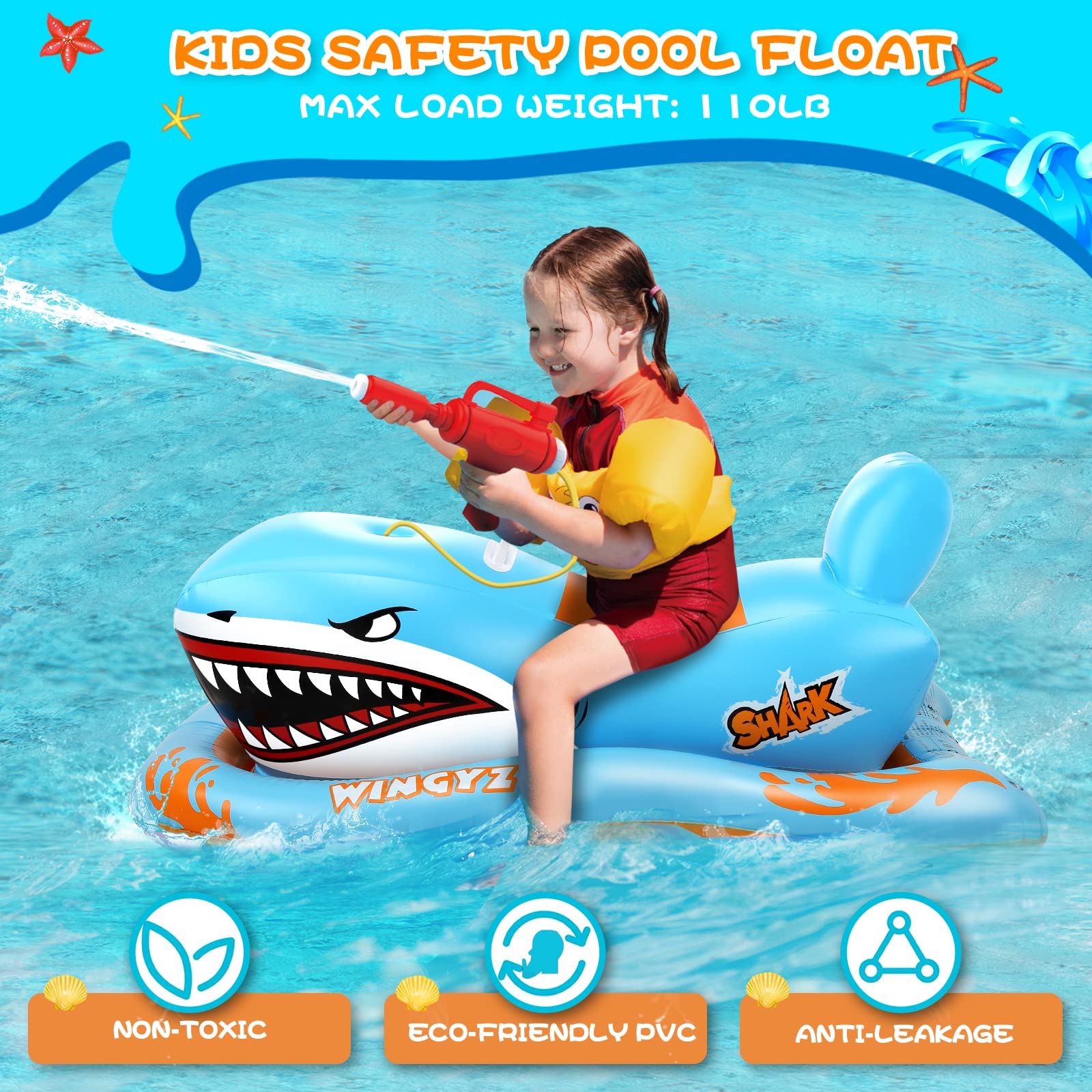 OATHX Pool Floats for Kids, Inflatables Shark Ride-on Water Toys with Watergun Swimming Game Boy Girl 3-12