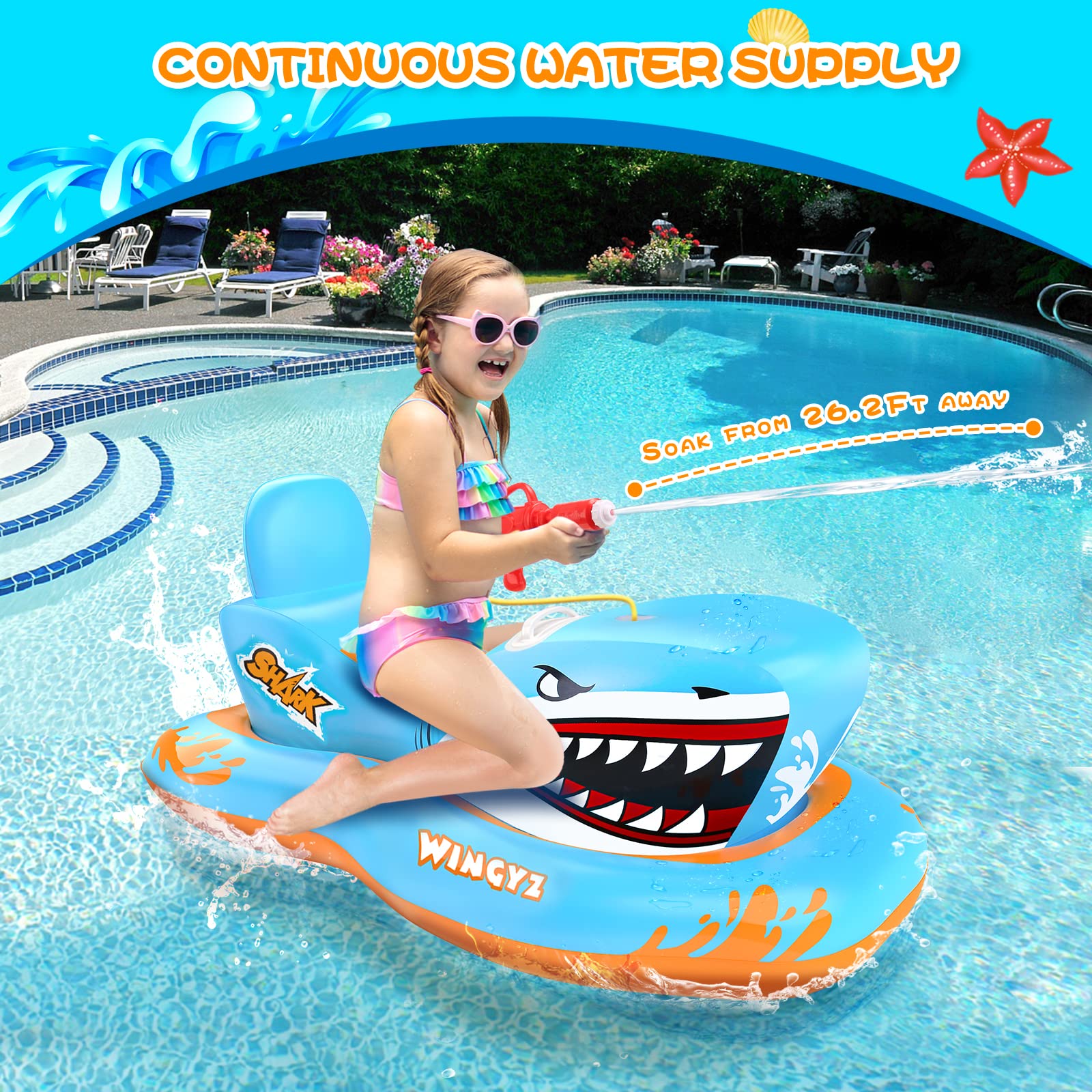 OATHX Pool Floats for Kids, Inflatables Shark Ride-on Water Toys with Watergun Swimming Game Boy Girl 3-12