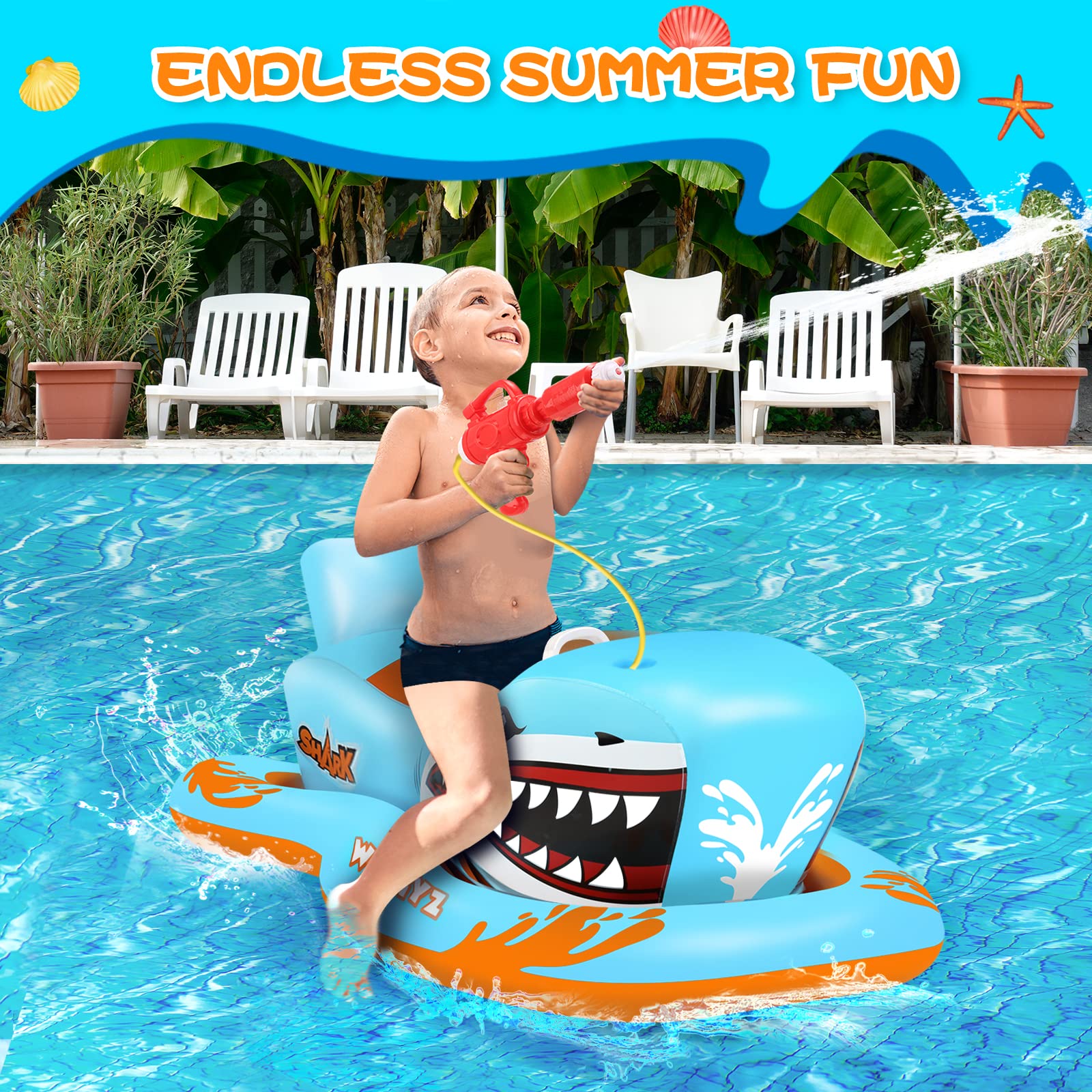 OATHX Pool Floats for Kids, Inflatables Shark Ride-on Water Toys with Watergun Swimming Game Boy Girl 3-12