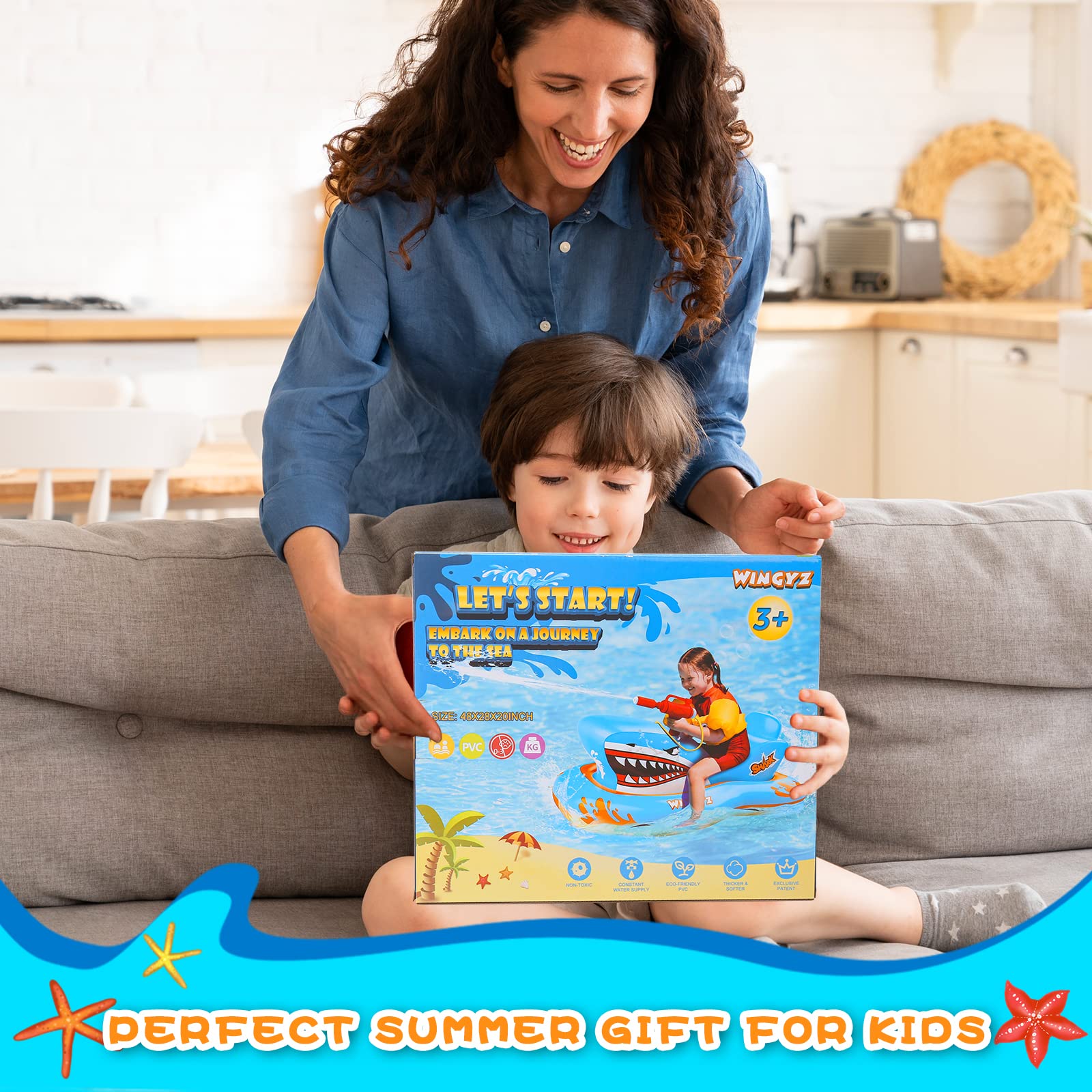 OATHX Pool Floats for Kids, Inflatables Shark Ride-on Water Toys with Watergun Swimming Game Boy Girl 3-12