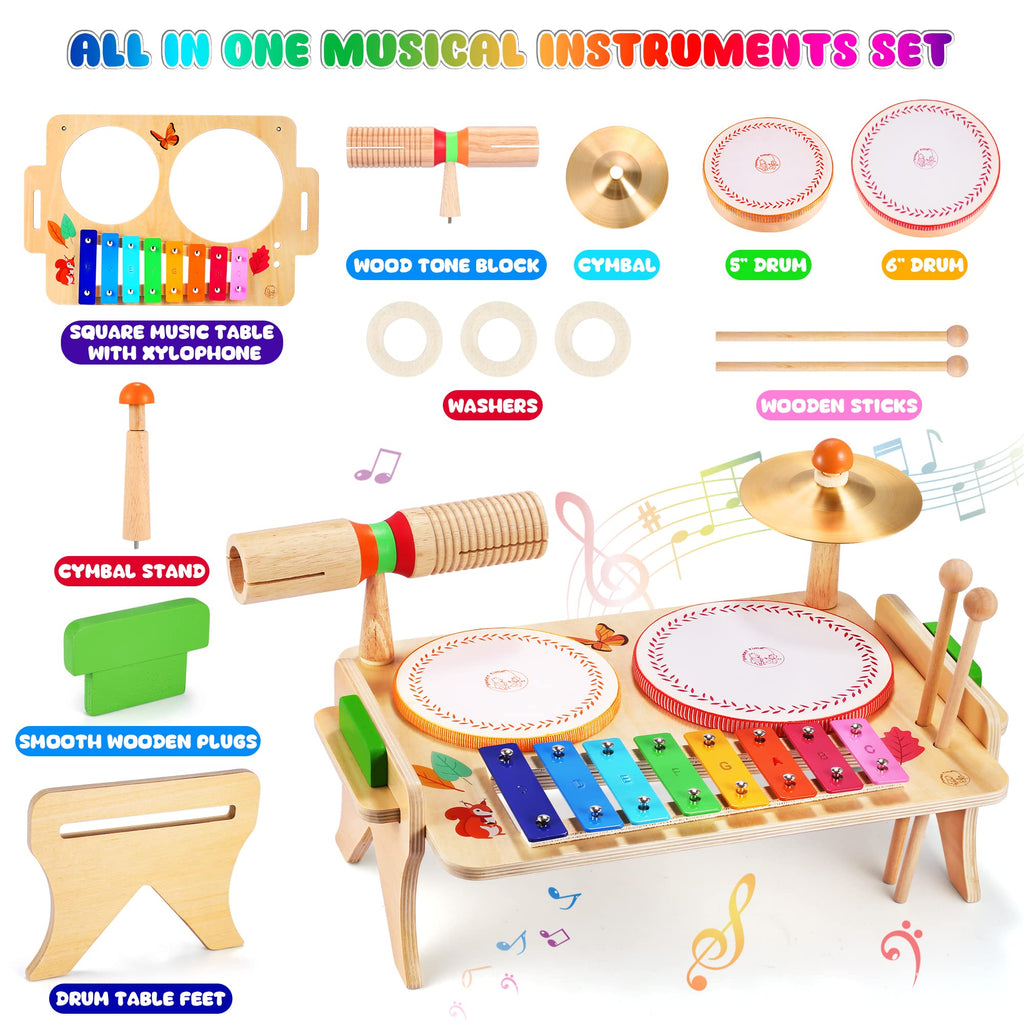 OATHX Kids Drum Set, Musical Instruments Xylophone for Toddlers,Educational Montessori Toys Baby Music Set