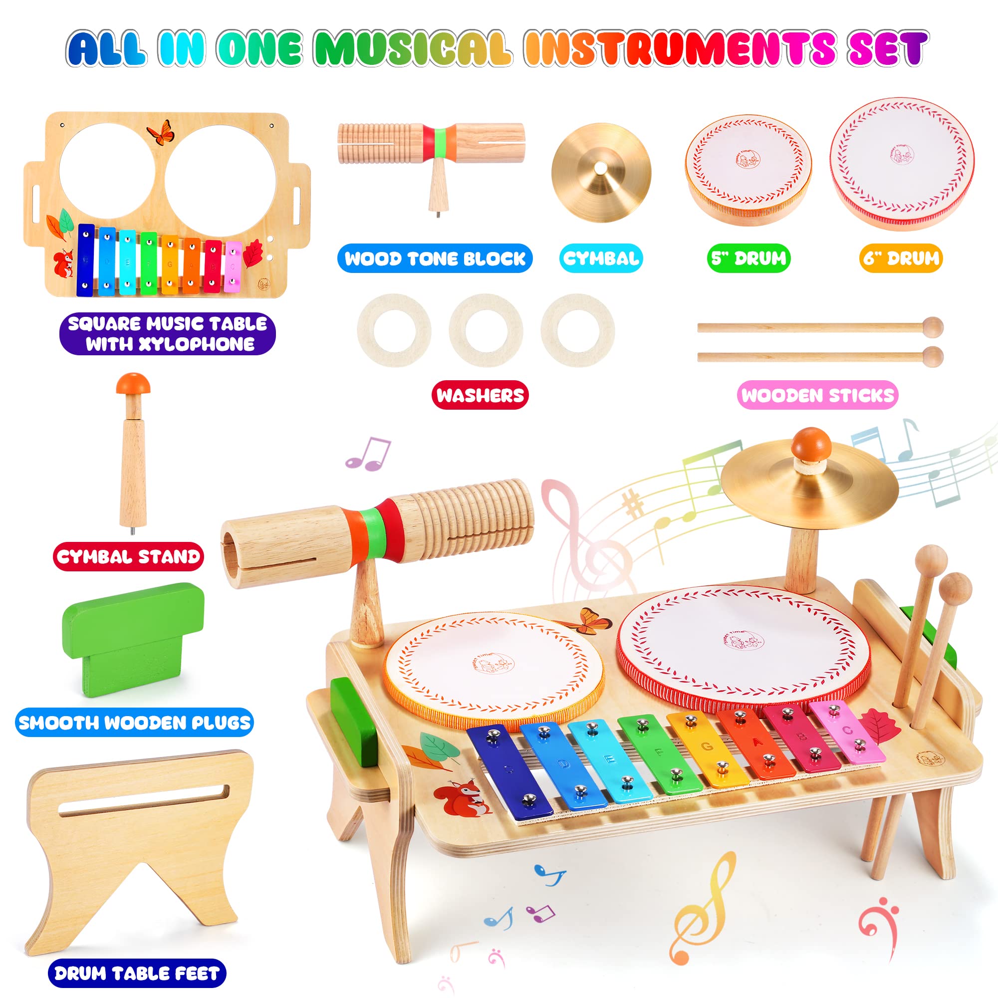 OATHX Kids Drum Set, Musical Instruments Xylophone for Toddlers,Educational Montessori Toys Baby Music Set