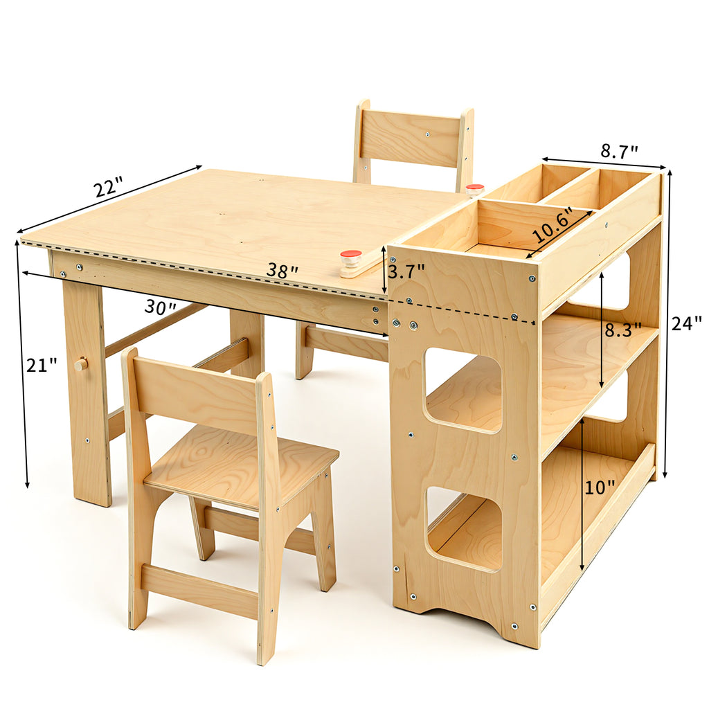 Kids Art Table with 2 Chairs,Children Activity Table with Storage Shelves,Wooden Desk with Paper Roll for Drawing Playrooms Daycare Classroom