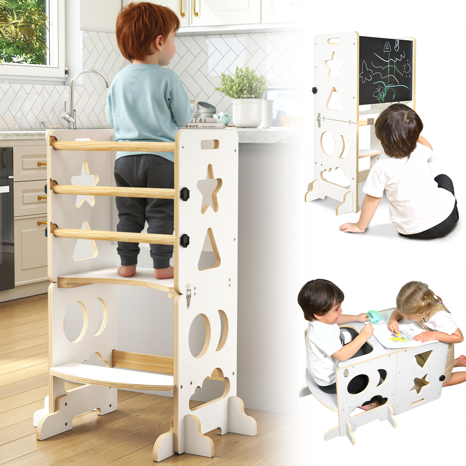 Sweet Time Kitchen Toddlers Step Stool, Montessori Kids Learning Table, Toddler Tower for Counter, Wooden Standing Helper for Children, 3 Adjustable Heights